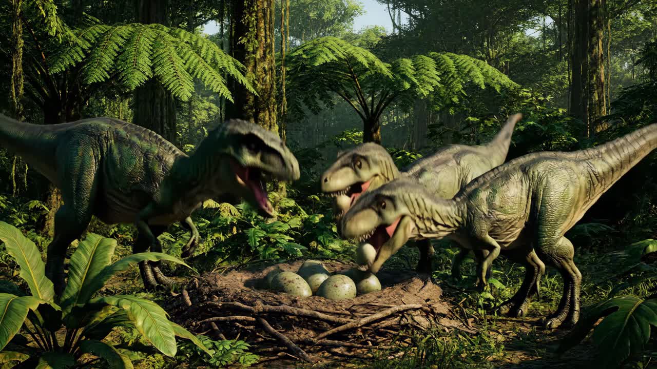 Dinosaurs Protecting Their Nest in the Forest