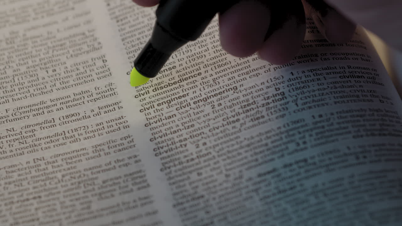 Civil Disobedience Political Dictionary Highlighter Concept, highlighting a word in a dictionary to show it's definition
