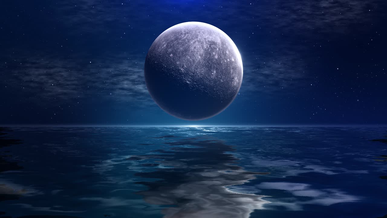 Jorden fra verdensrommet, måne over hav, refleksjon i kosmisk nattscene, fantasy-visueller, filmatisk