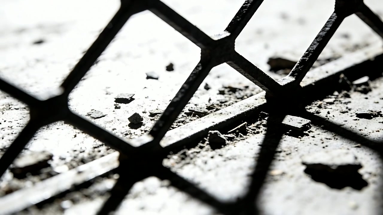 Spostamento della telecamera in avanti e a destra, mettendo a fuoco per rivelare il dettaglio di una griglia a traliccio su un pavimento polveroso.