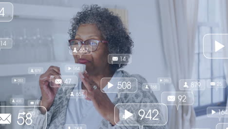 Using-smartphone,-elderly-woman-receiving-social-media-notifications-animation