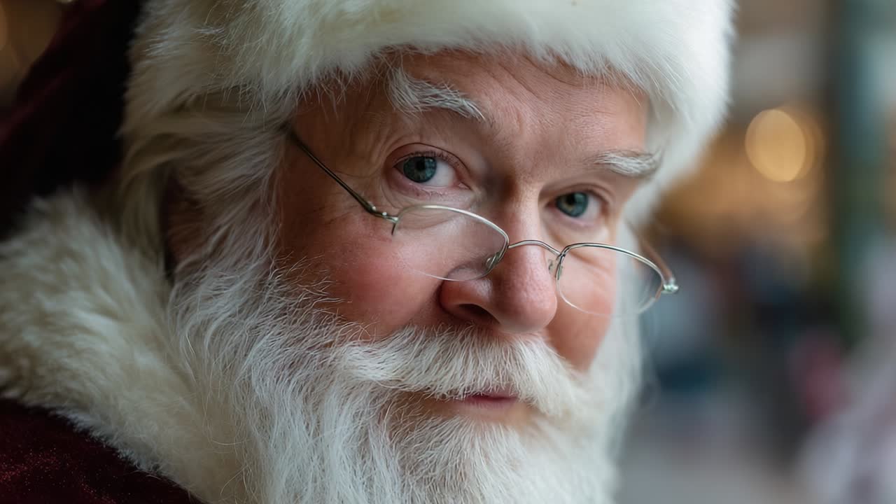 A Heartwarming Encounter with Santa Claus: Capturing the Joy and Spirit of Christmas Through the Expressive Gaze and Gentle Smile of a Beloved Holiday Icon, Radiating Warmth and Happiness