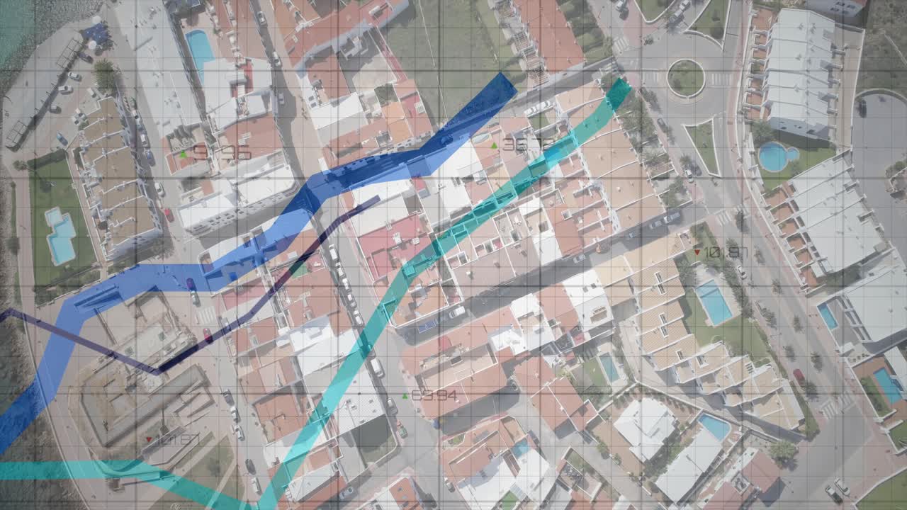 Overhead coastal map loading, colored traces appearing and tracing streets, showing route flow