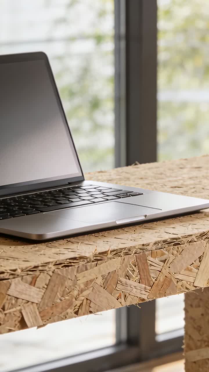 Laptop moderno su una scrivania in legno OSB in un ufficio