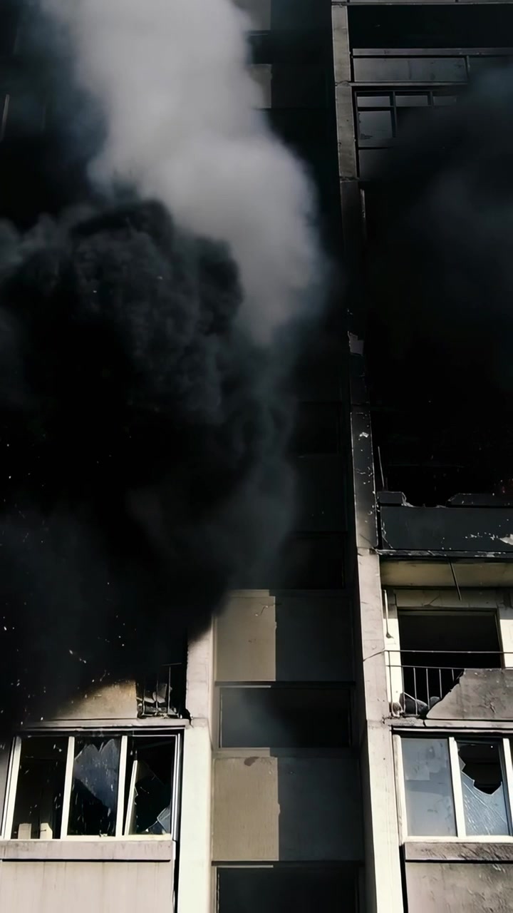 Vídeo vertical: Fachada ondulante soltando fumaça ao nível da rua, chama da janela direita acendendo fogo