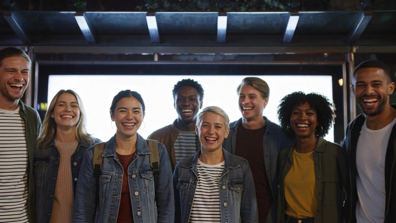 Laughing eight friends responding to off-camera joke at shelter, in denim jackets, backlit panel