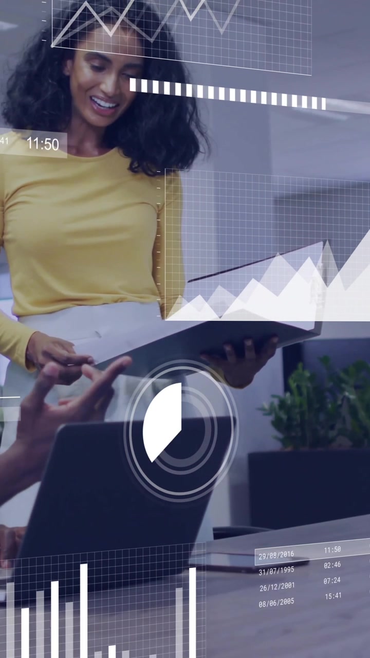 Business data analytics animation over diverse colleagues collaborating in modern office