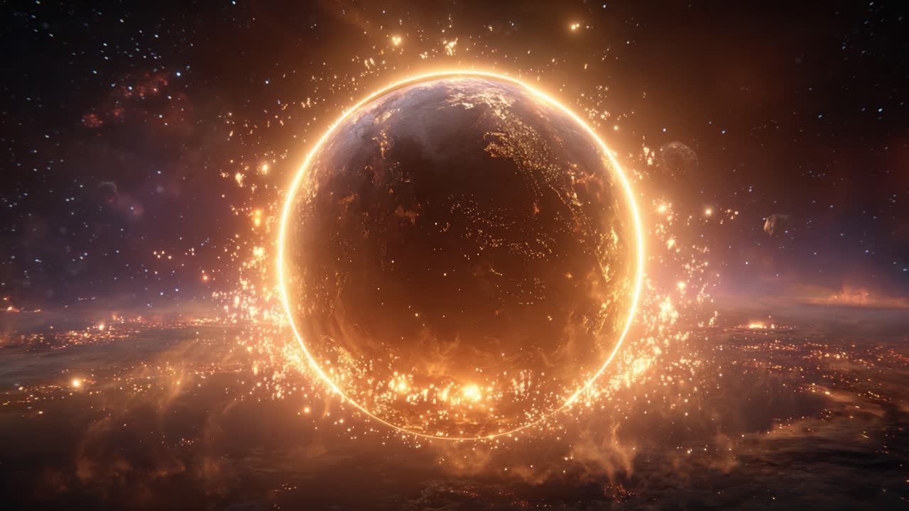 An Awe-Inspiring Glimpse of a Fiery Planet Amidst the Vast Cosmos, Surrounded by Celestial Sparks and a Stunning Stellar Background, Capturing the Majesty of the Universe
