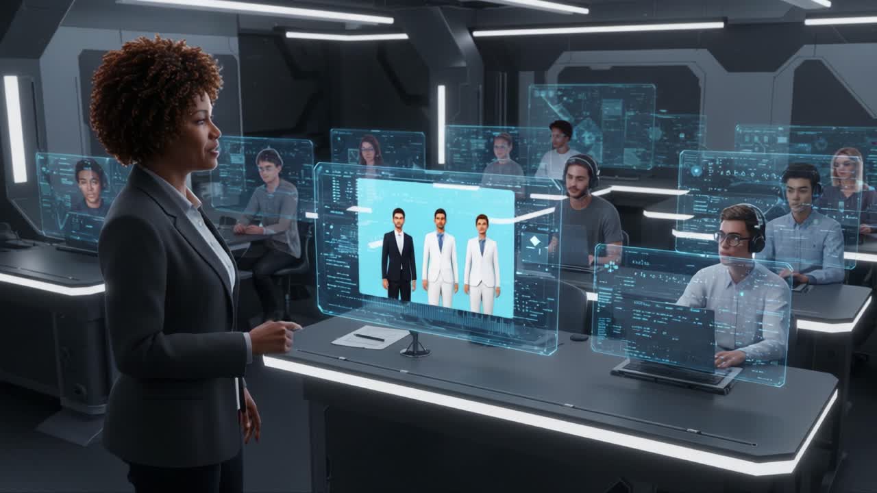 Engaging Lecture on Advanced Technology: A Diverse Group of Students Learn from an Expert in a High-Tech Classroom Environment Featuring Interactive Displays