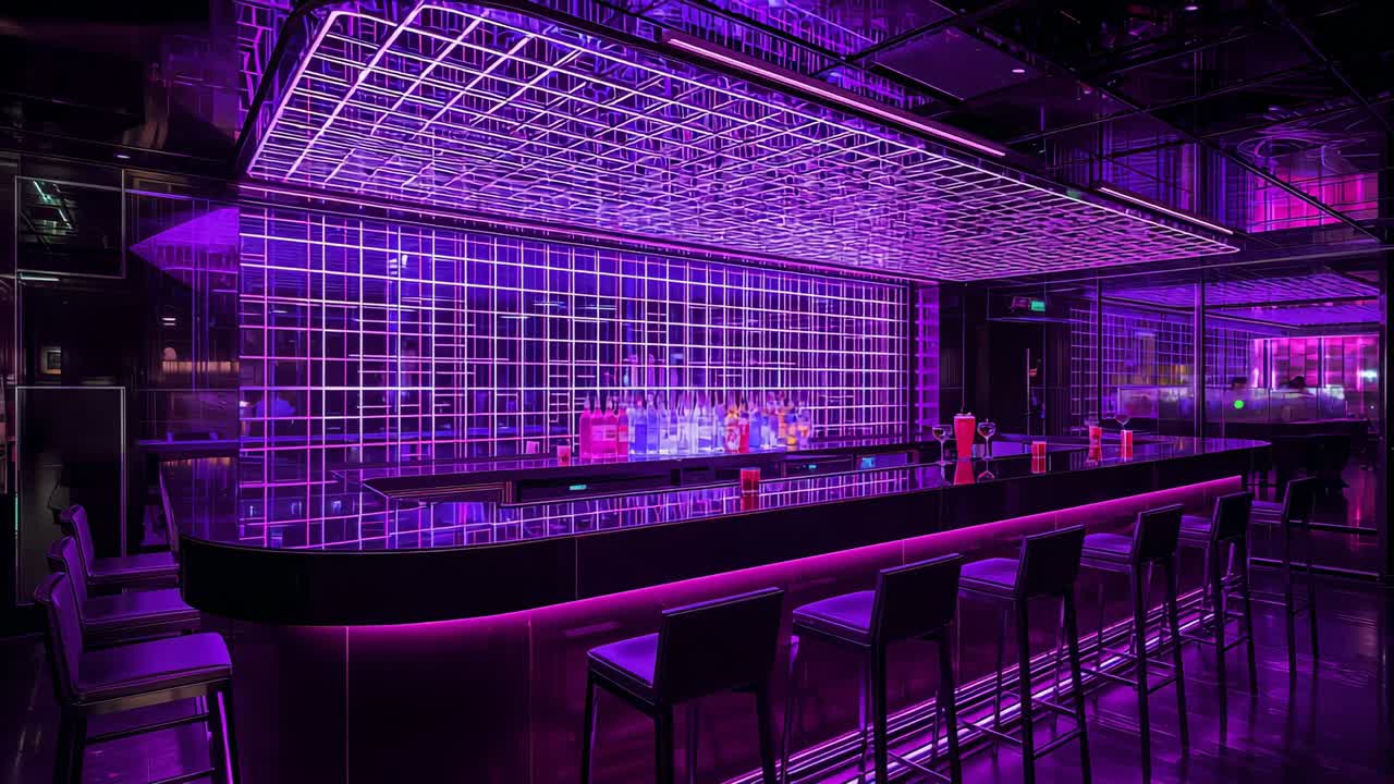 Shifting camera revealing glossy bar and LED grid at nightclub, showing bottles and red cups