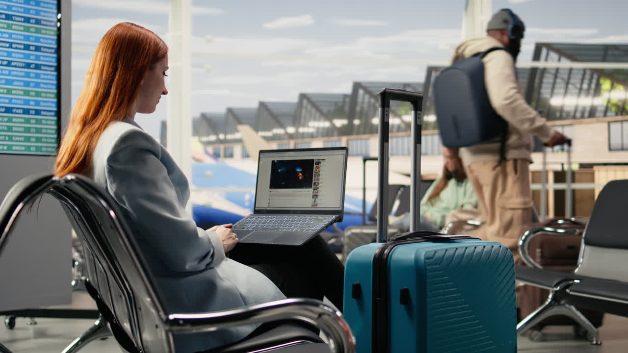 Mujer Viajera Viendo Videos en Línea en Plataforma de Streaming en el Aeropuerto