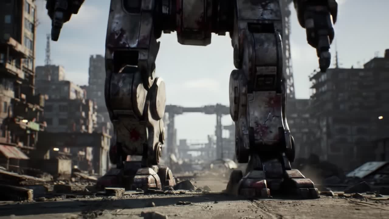 In a desolate urban environment, a massive mech navigates through ruins, showcasing advanced technology amid remnants of a once-thriving city. Dust rises as it moves, highlighting the devastation.
