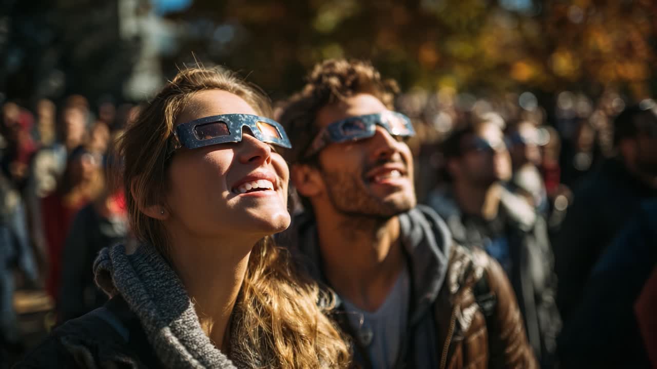 Una coppia felice condivide un momento di stupore mentre guarda verso l'alto, rapita da magnifici eventi celesti, circondata da una folla di spettatori entusiasti