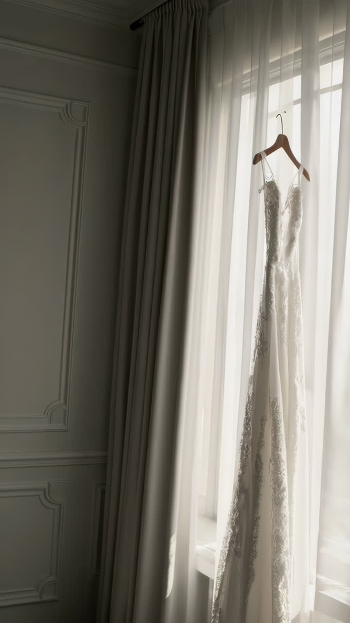 Elegant Wedding Dress Hanging by the Window