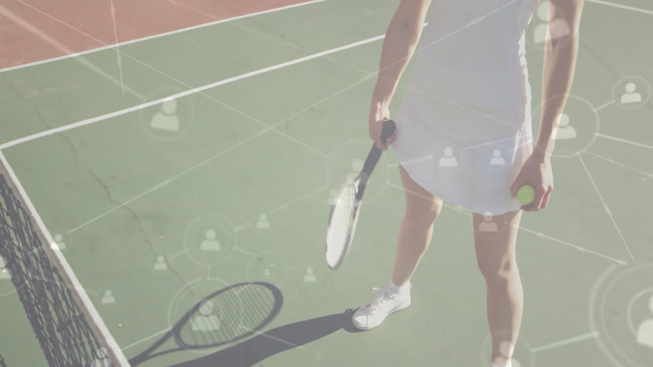 Female tennis player serving ball on hard court, showing technology network icons linking users