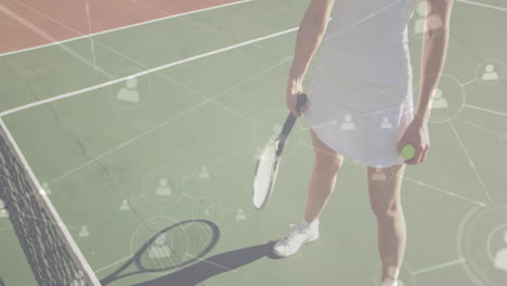 female tennis player serving ball on hard court, showing technology network icons linking users