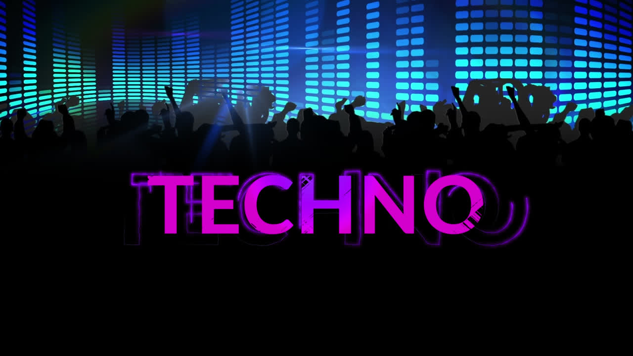 animación de texto techno sobre siluetas de personas bailando