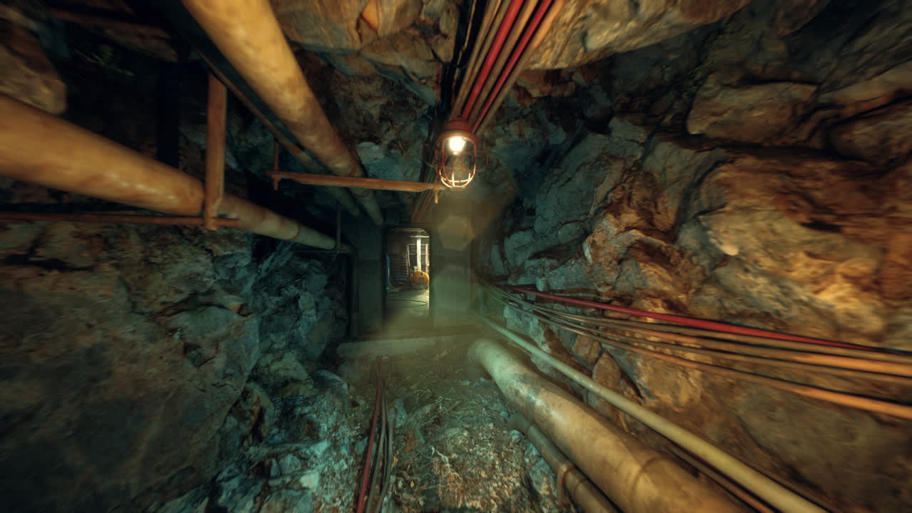 Dilapidated underground corridor filled with water and debris