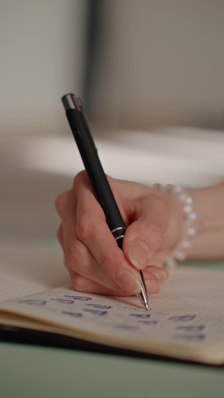 Primo piano di una mano caucasica che scrive appunti domestici, una penna che disegna serie di esercizi in un quaderno a puntini sul tavolo, un braccialetto di perle che cattura la luce, una luce ambientale soffusa, mano ferma, tratti d'inchiostro che delineano la forza