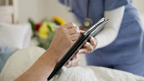 nurse, tablet and hands signature contract