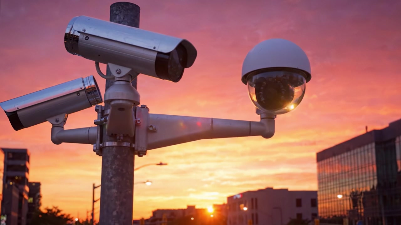 Telecamere di sorveglianza al crepuscolo: Esplorando le innovazioni nella sicurezza urbana attraverso angolazioni uniche e catturando il gioco di luci e ombre della scena serale