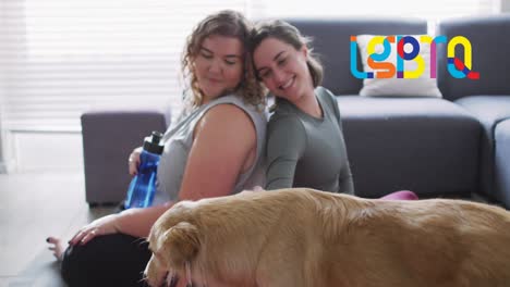 animation of rainbow lgbtq of lesbian couple petting dog at home