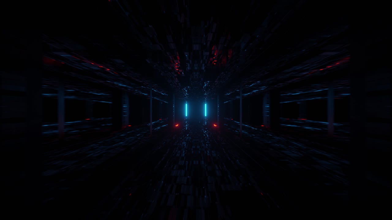 Motion graphics of highly immersive dark space with blue and orange linear LED light rays illuminating it