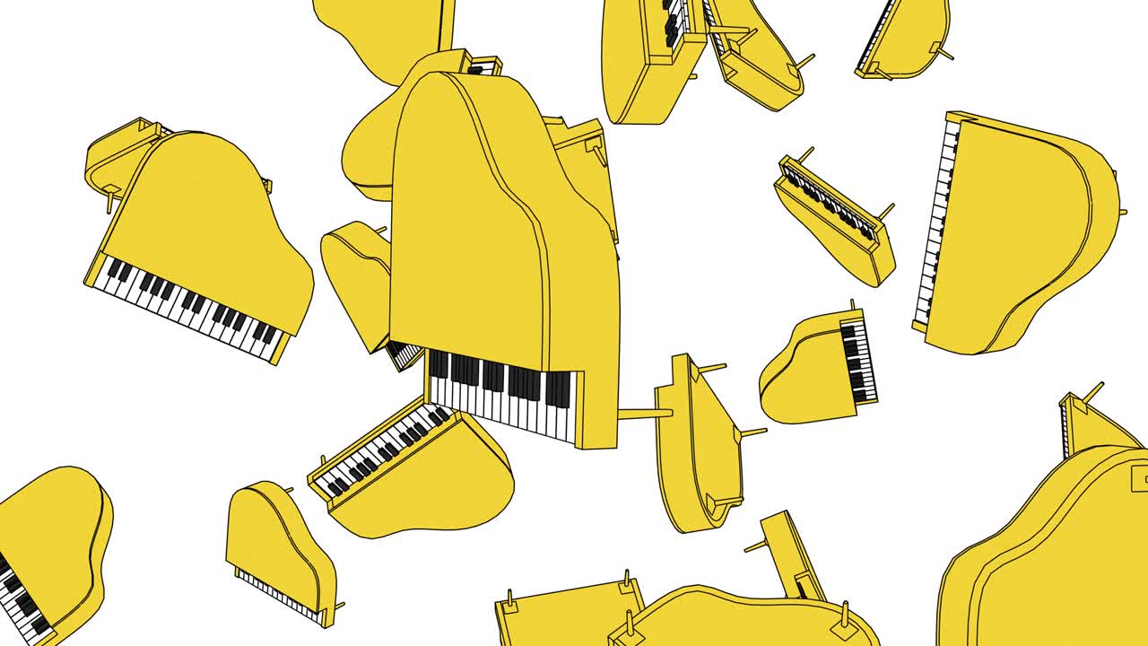 Molti pianoforti gialli su sfondo bianco