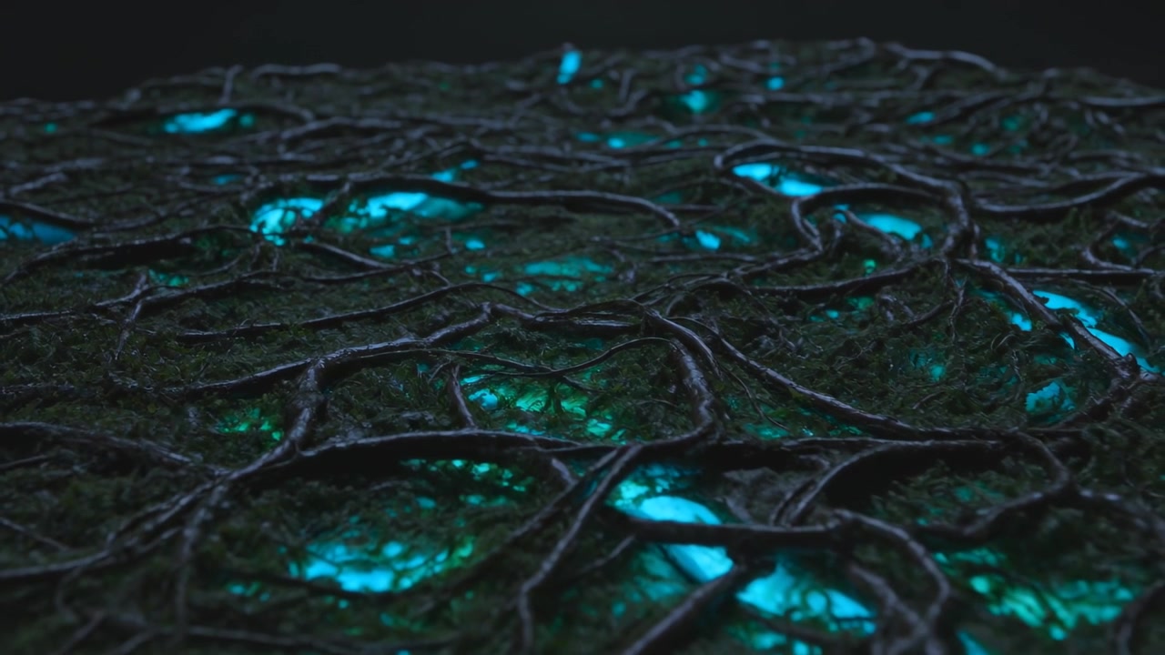 Panning camera revealing fibrous mat on black void to show dark cords and veined turquoise pockets