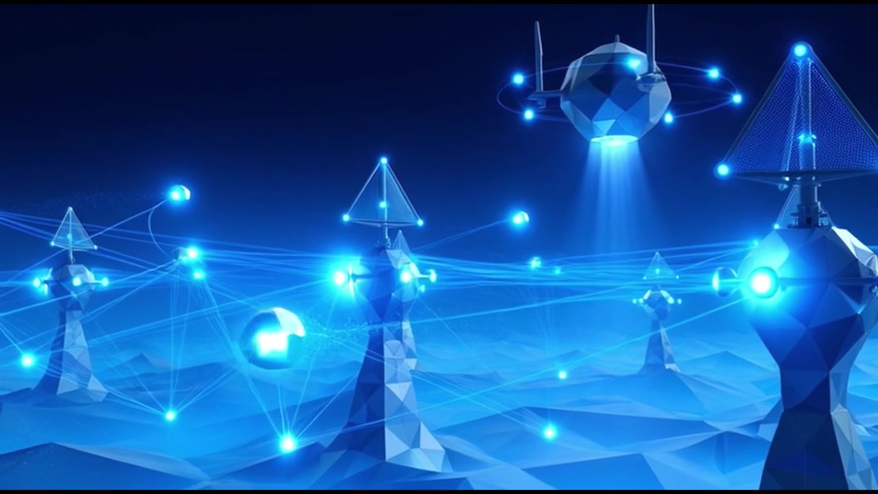 Rete digitale astratta che collega torri geometriche in un paesaggio virtuale