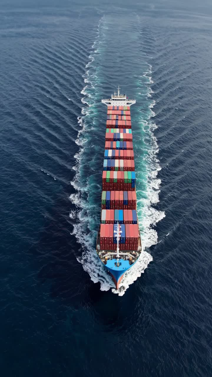 Aerial video captures a cargo ship navigating through open sea ...
