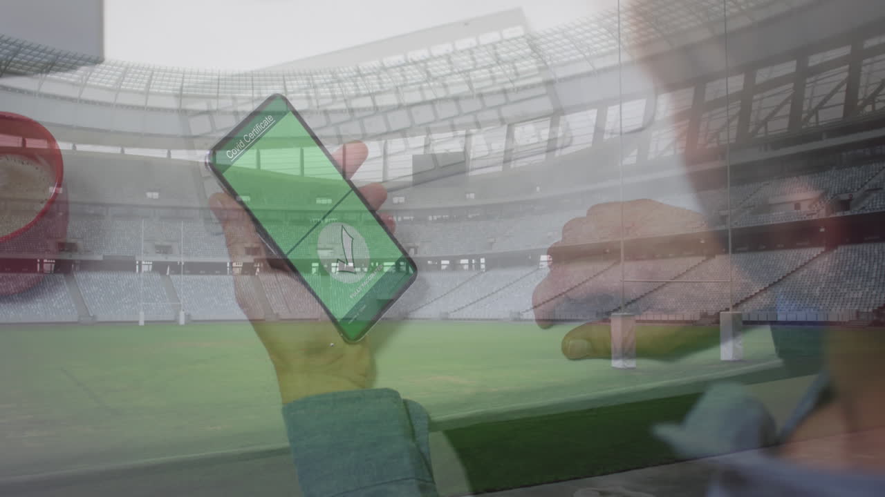 경기장 위에서 코로나19 백신 접종 여권을 가진 스마트폰을 들고 있는 남자의 애니메이션