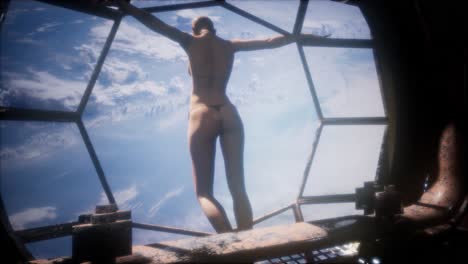 woman observing earth from space station windows blue earth and clouds