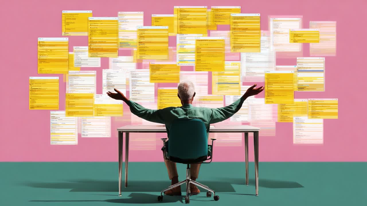 An individual sitting in front of a table, surrounded by numerous floating documents on a vibrant pink backdrop, expressing a sense of confusion and overwhelm from information overload