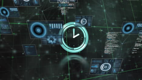 animation of clock, scopes scanning and data processing over grid on dark background