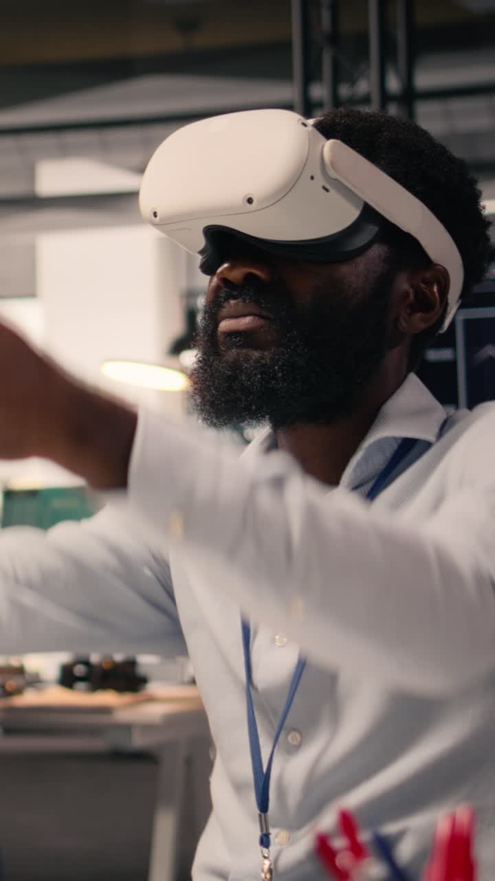 Vertical Video Black professional using VR glasses in corporate office environment