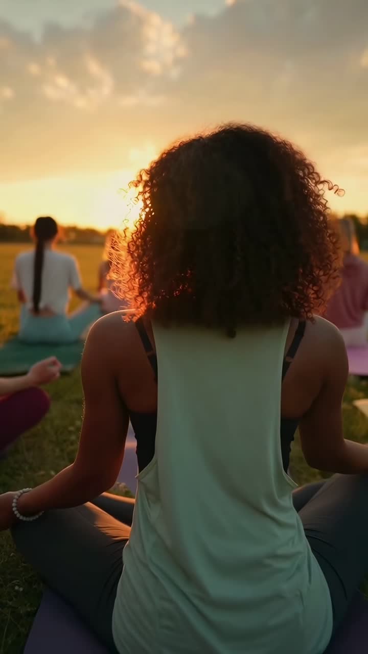 Back view of a group meditating at sunset, wide-angle shot Perfect for a serene video