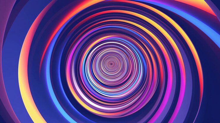 Vibrant Neon Spiral Tunnel With Swirling Lights And Rotating Rings, Deep Blue Background, Luminous Gradients