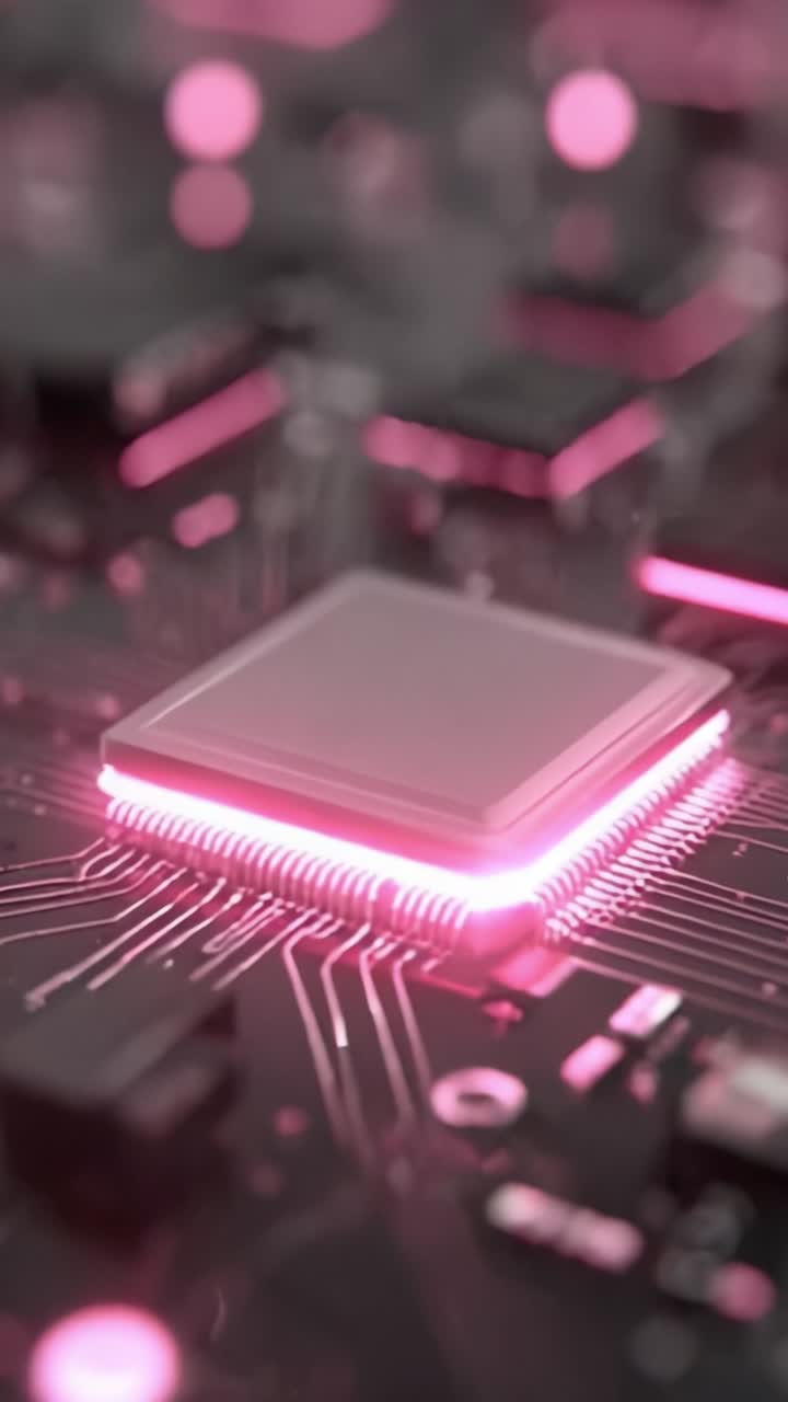 A Close-Up Look at a High-Tech Microchip Illuminated by Soft Pink Lights, Showcasing Intricate Circuitry and Modern Computing Technology