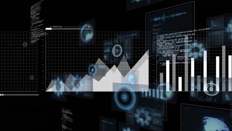 Animation-of-data-processing-and-world-map-on-black-background