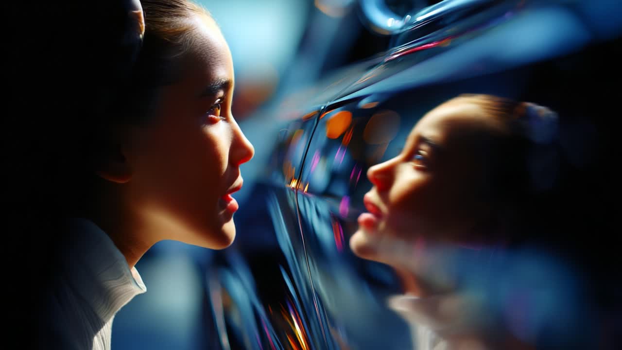 A captivating exploration of reflection and perception, showcasing the intricate interplay between a young girl's gaze and her mesmerizing reflection in a glossy surface