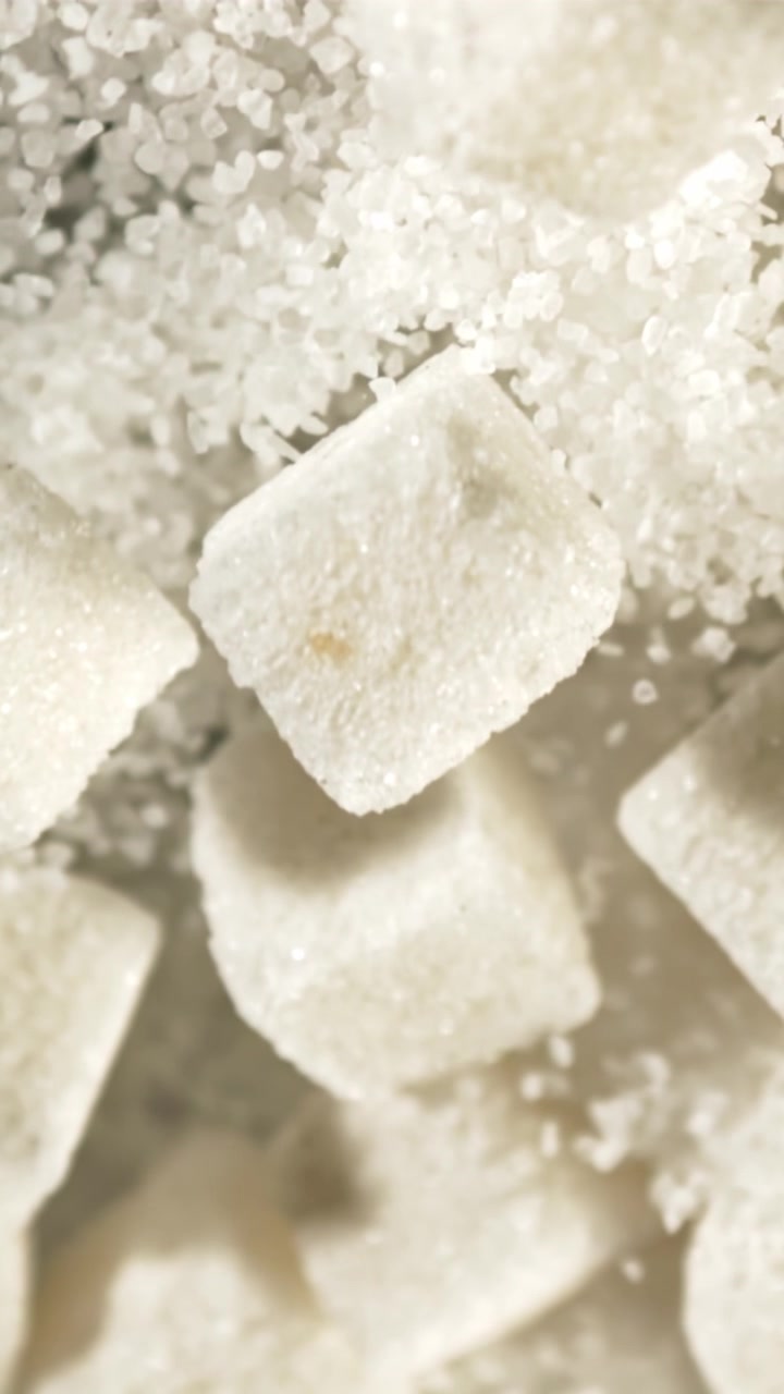 Primo piano macro su zollette e granelli di zucchero bianco scintillante