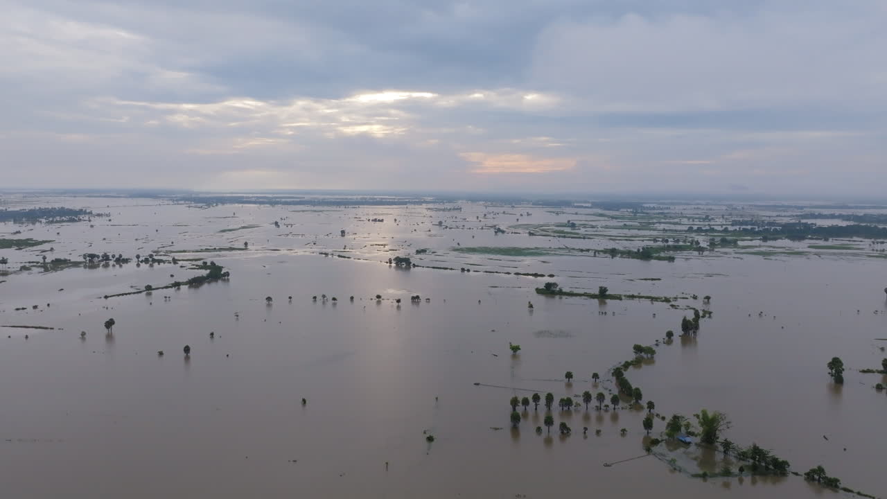 Vast flooded Cambodian plains at sunrise, with scattered trees and fields under a soft cloudy sky
