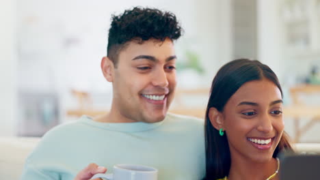 Happy-couple,-laptop-and-talking-with-coffee