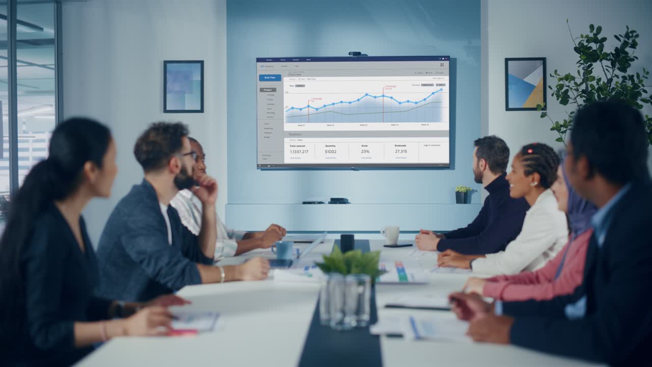 Multi-Ethnic Office Conference Room Meeting: Diverse Team of Managers, Executives Talk, Uses Wall TV with Big Data Analysis, Charts and Infographics. Businesspeople Investing in e Commerce Startup