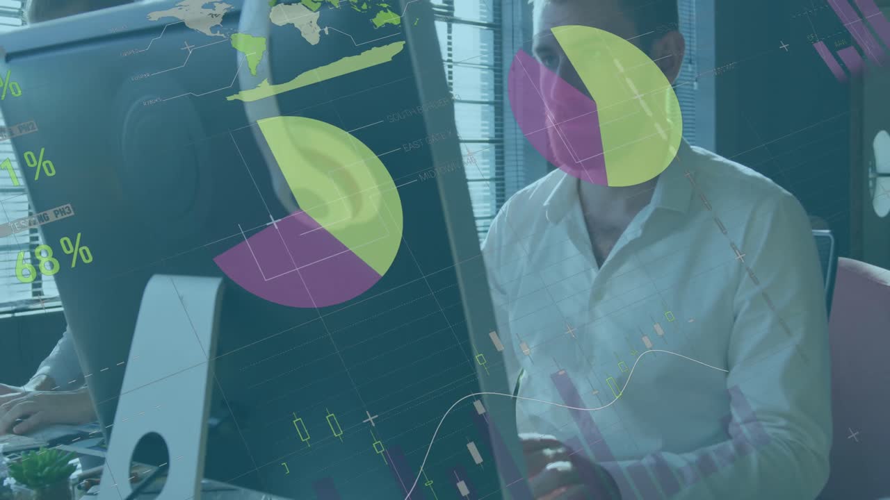 animación del procesamiento de datos financieros sobre el empresario caucásico