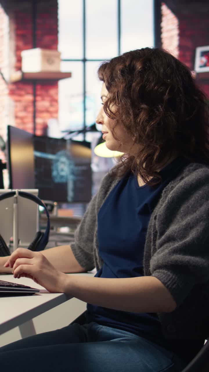 Vertical Video Young woman at office looking at UI on PC display and executing binary code