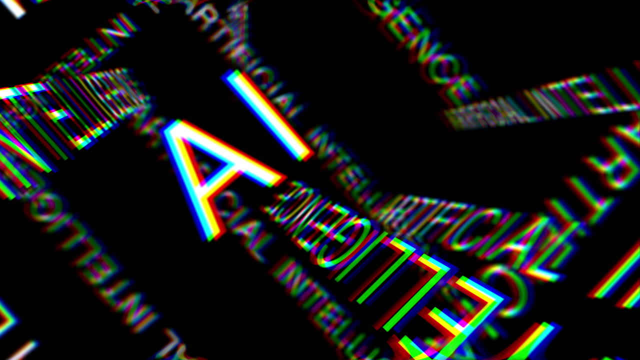 ARTIFICIAL INTELLIGENCE AI Fly Through 3D Text Keyword Animation. Abstract Concept with Black Background. RGB Chromatic Aberration