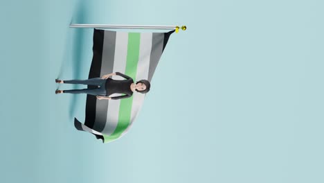 Woman-waving-in-front-of-the-Agender-flag-vertical-video-with-blue-background