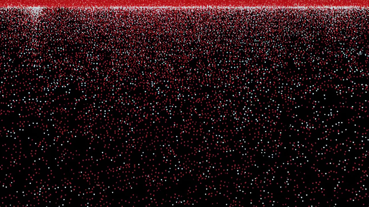 Panoramic abstract scene of thousands of tiny luminous red highlights concentrated in bright horizontal band above deep black space, thinning downward into sparse red and pale cyan points with